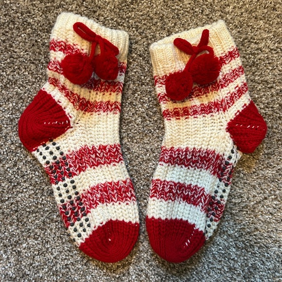 aerie Accessories - Brand, new red and white pom-pom candy, cane, crochet socks